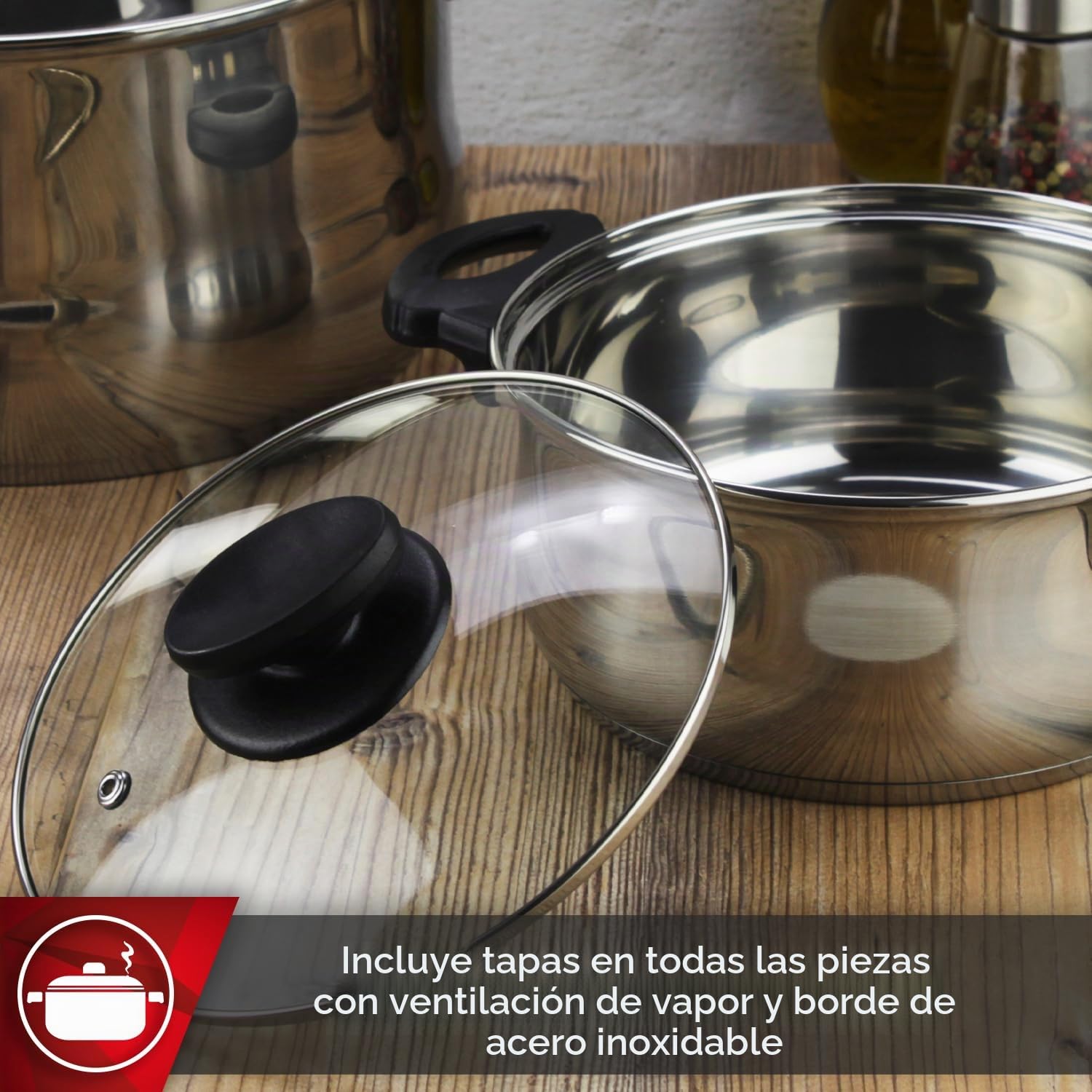 Magefesa Deliss - Batería de Cocina de 7 Piezas, Acero Inoxidable, Asas de Baquelita, Apta en todo Tipo de Cocinas, Inducción, Acabado Pulido Espejo