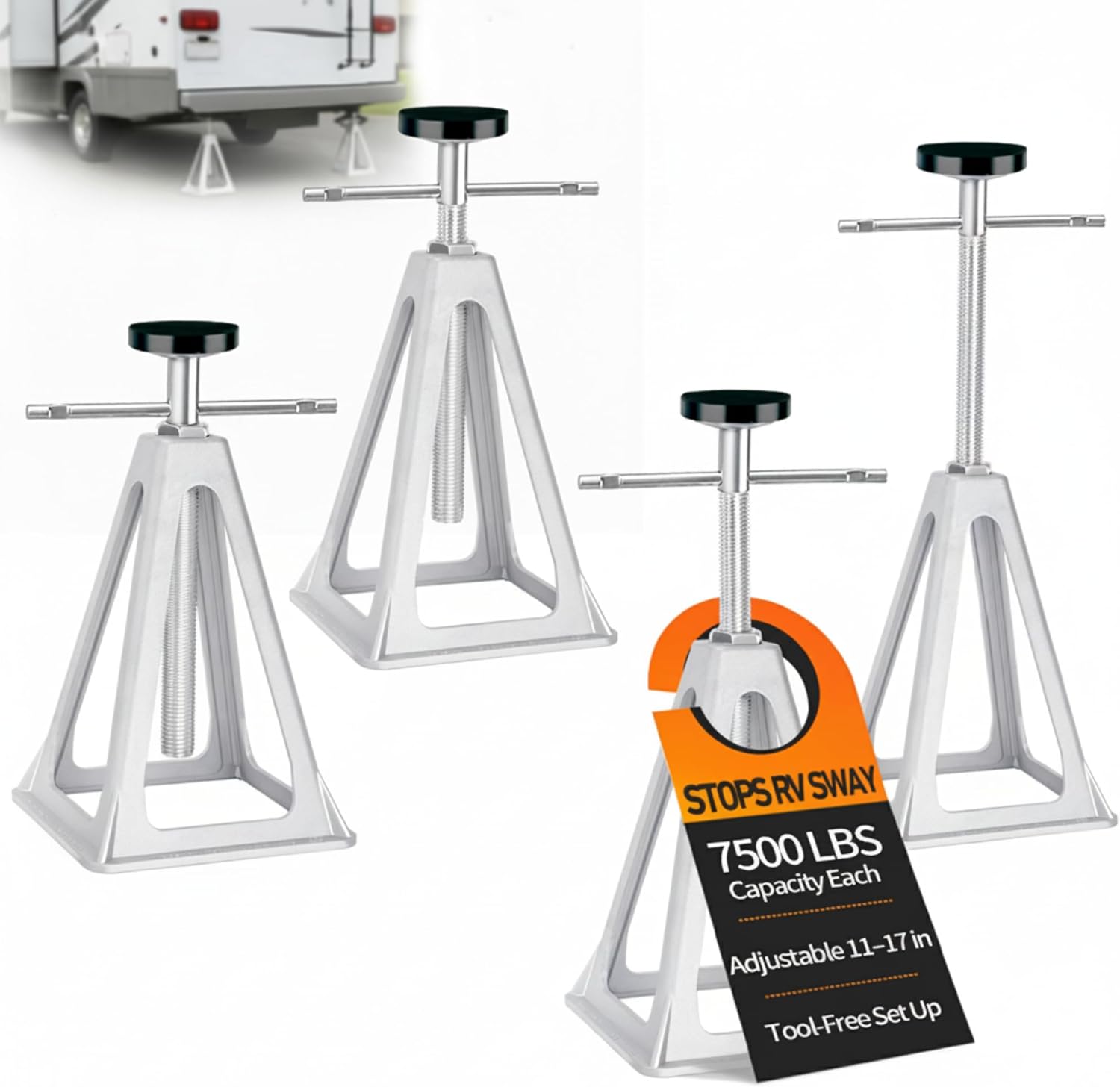 RV Stabilizer Jacks Set of 4, 7500 lbs Capacity Each  Adjustable 11"-17" Aluminum Trailer Jack Stands for Travel Trailers & Campers, Anti-Sway Screw Jacks with Rubber Pads
