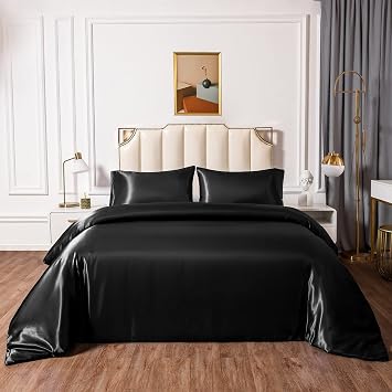 Duvet Cover 4 Piece Set - Ultra Soft Silky Satin Hotel Collection - 1 Zipper Closure Duvet Cover, 1 Fitted Sheet 15" Deep Pocket and 2 Pillow Shams, Black - Queen, Duvet Set