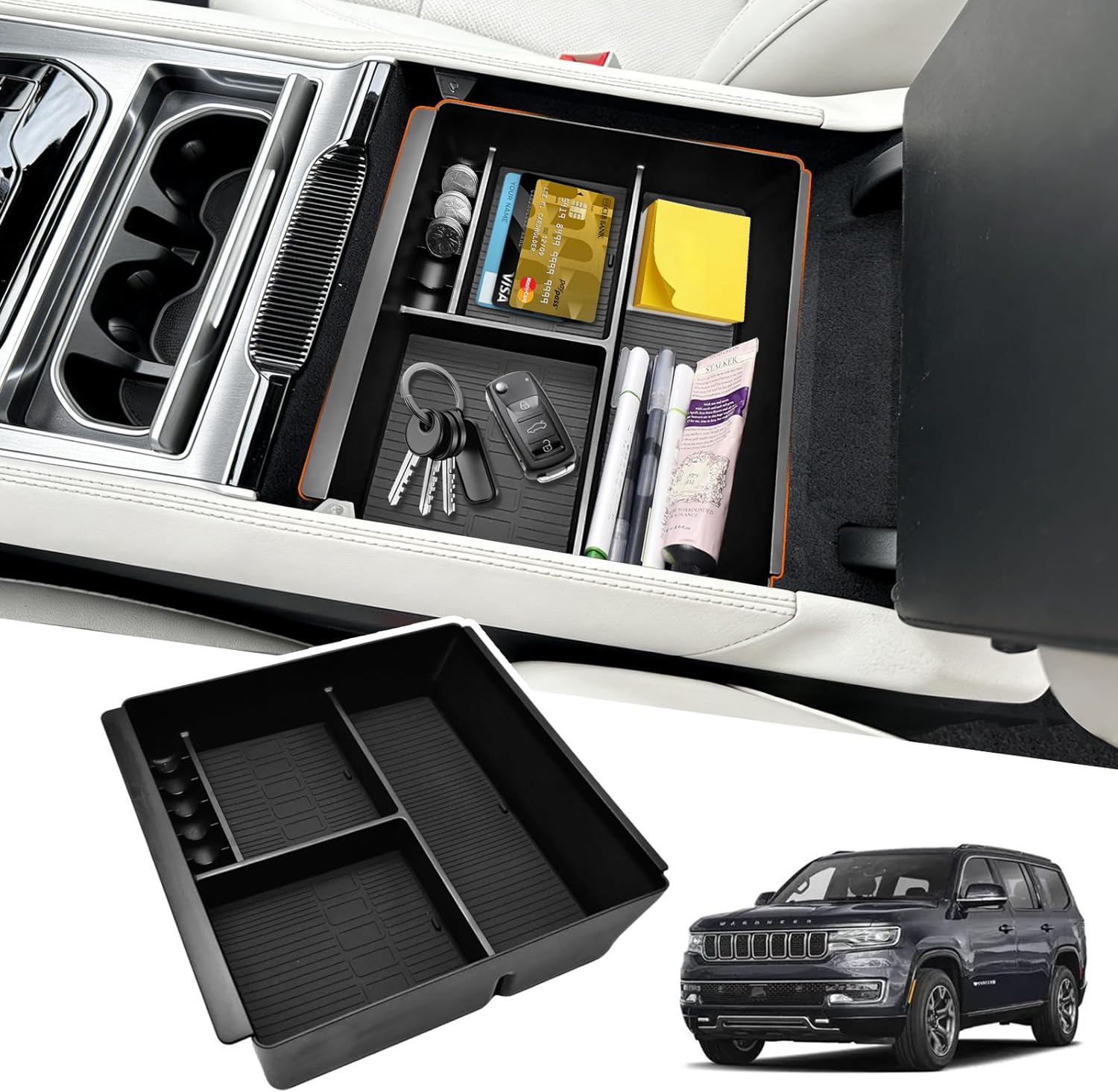 Center console Organizer Tray Compatible with 2022-2026 Jeep Wagoneer/L, 2022-2026 Jeep Grand Wagoneer/L Accessories, Armrest Storage Box with Coin Container（Not for Wagoneer S