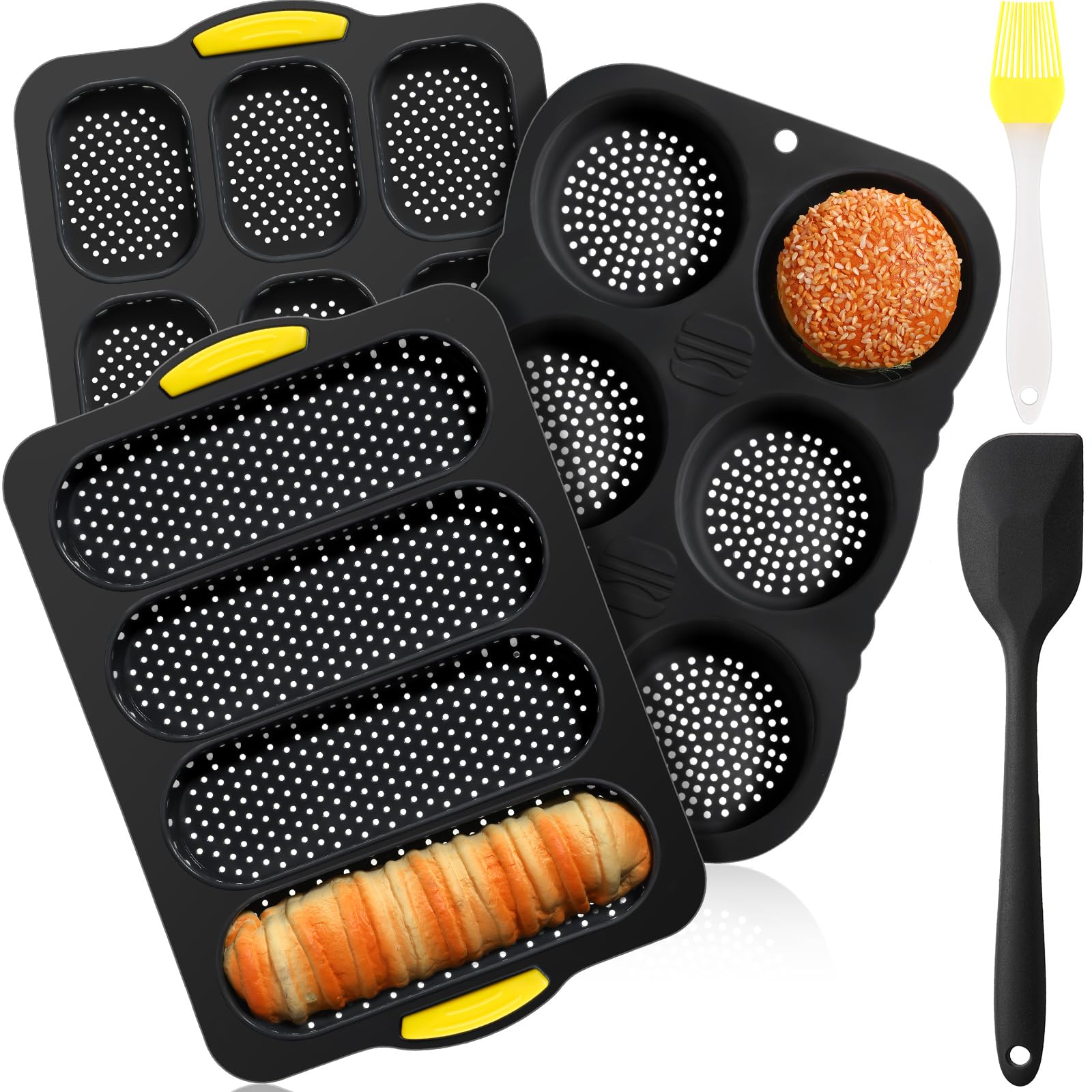 FillTouch Juego de 5 moldes de silicona para panecillos de hamburguesas de 4, 6, 9 tazas, con cepillo de espátula, antiadherentes, para hornear pan casero, bandeja para hornear sándwich, refrigerador,