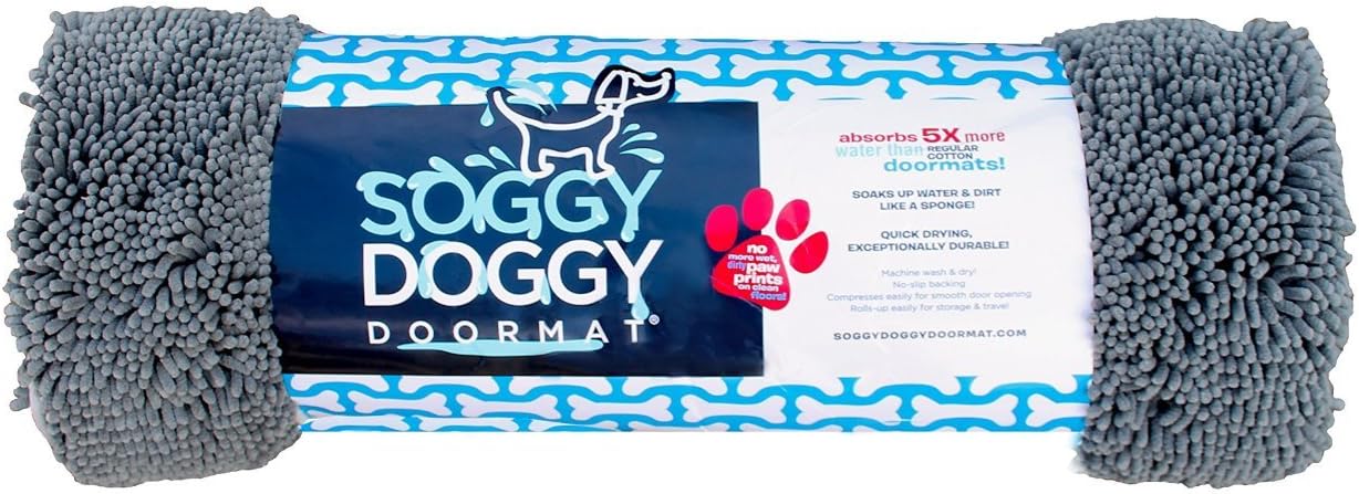 Soggy Doggy Microfiber Chenille Doormat for Wet Dog Paws, 26 x 36 Inch, Large Grey/No Bone