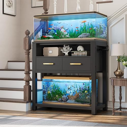 EOSVALO 20-29 Gallon Aquarium Stand with Stable Metal Frame & Power Outlet, Heavy-Duty Fish Tank Stand with Waterproof Mat, 550LBS Capacity Storage Cabinet, Black - Black - 20-29 Gallon