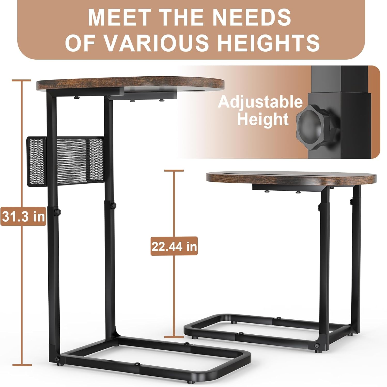 Fashion TV Tray Table with Large Tabletop, Adjustable Sofa Table with Storage Baskets, Strong Metal Frame, Tv Dinner Tray Table for TV Watching, Meals, Snacks (Oval, Brown, 16.93inch x 12.6inch)