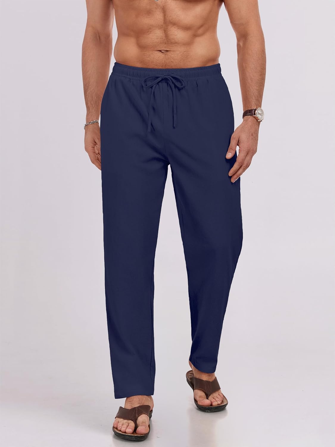 Puimentiua Mens Linen Pants Casual Drawstring Loose Lightweight Mens Pants Yoga Summer Beach Trousers - Image 3