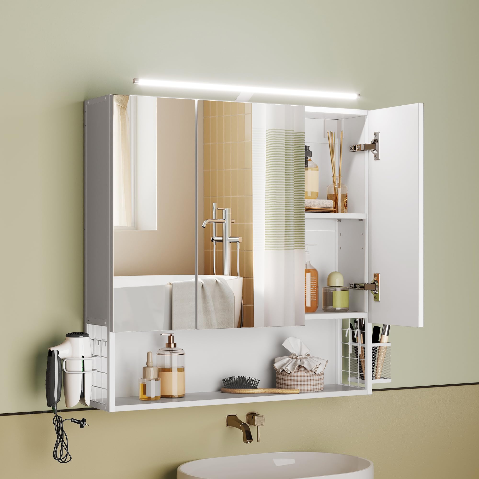 VASAGLE Armario de Baño con Iluminación LED, 14,5 x 70 x 70 cm, Espejo 3 Puertas, Mueble de Pared con Espejo, Enchufe, Cesta, Soporte para Secador, Blanco Nube BBK124W14