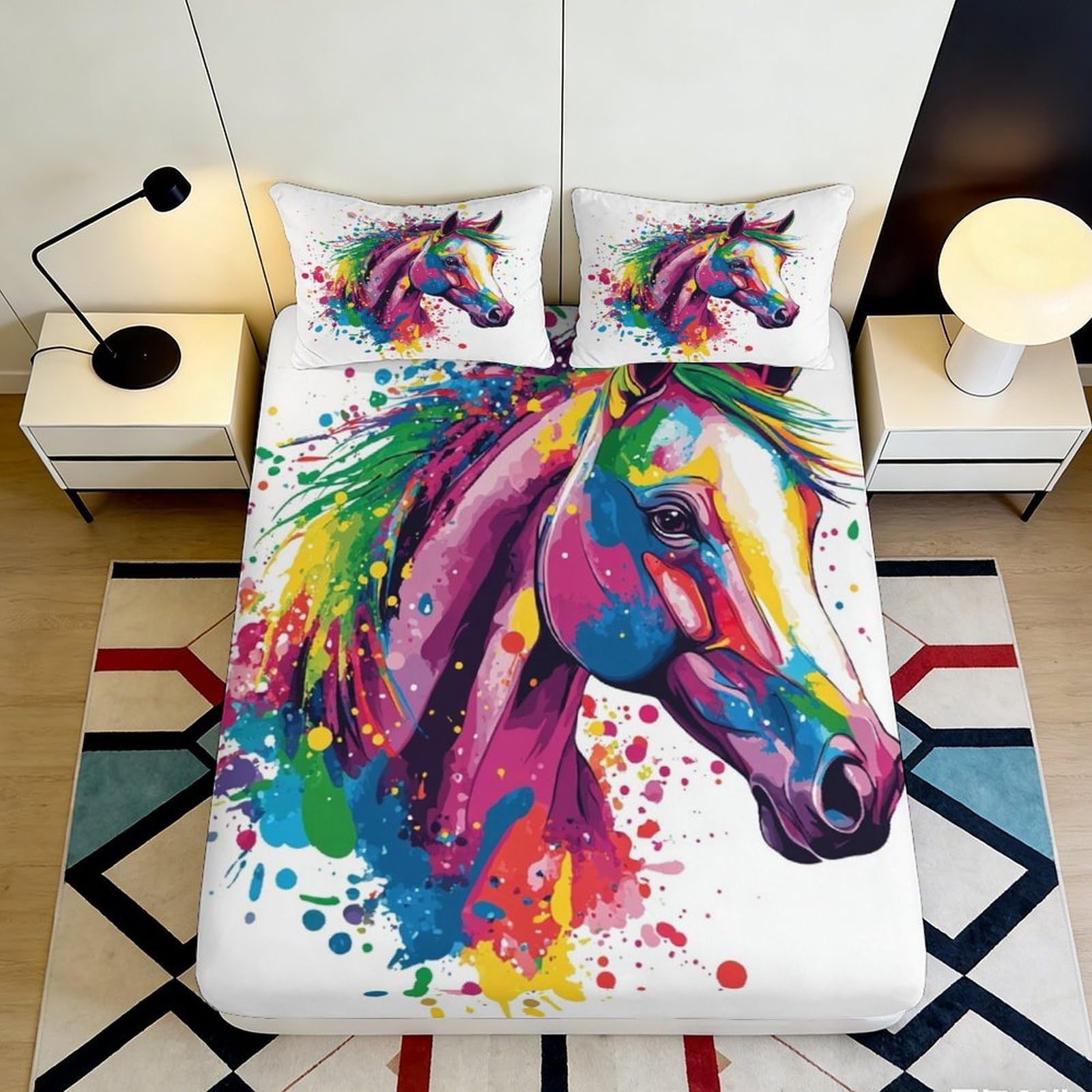 Jqzkxnhpbr Style-10 3D Printed Colorful Horse Fitted Sheet Microfiber Soft Slip-Resistant Rainbow Horse Mattress Cover For Bedroom Decor 90X200x25cm