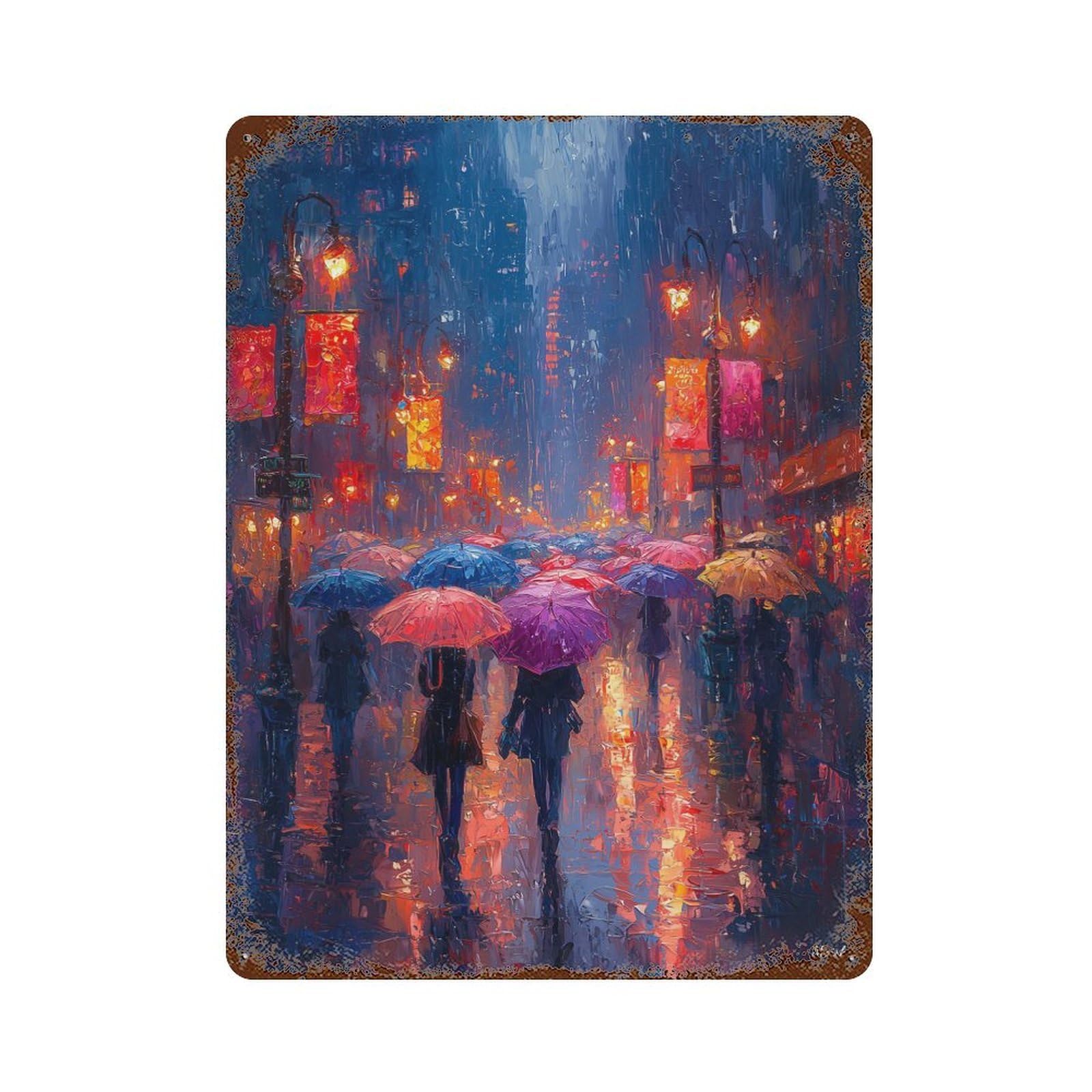 Impressionist Inspired Cityscape with Umbrellas Decorative Tin Sign 15.7"x11.8", Old School Wall Decor for Garage, Pub Or Kitchen