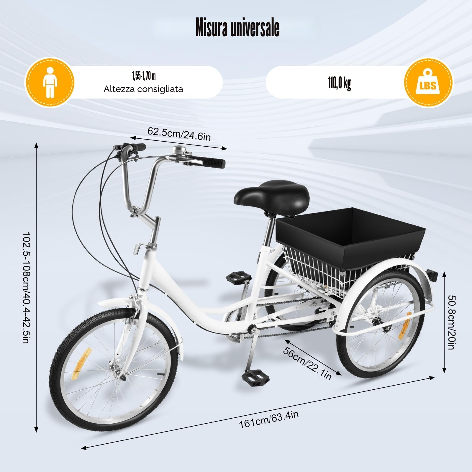 Triciclo da 20 pollici per adulti, 3 ruote, 8 velocità, bicicletta a 3 ruote con cestino portaoggetti, bicicletta cargo per adulti, anziani e donne, altezza regolabile (bianco)