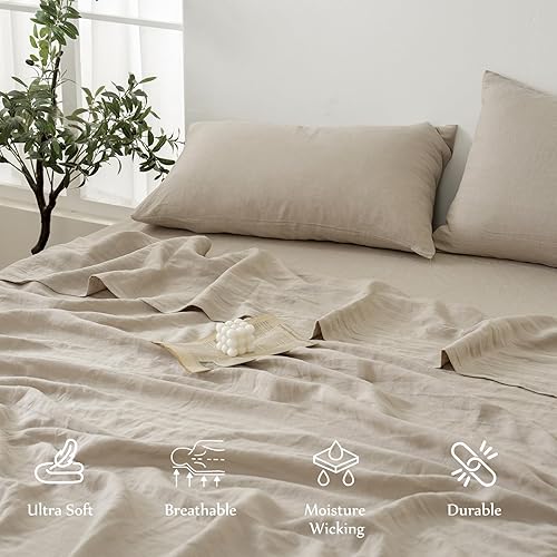 Miniatura 5 de Merryword Juego de sábanas de lino natural tamaño King, sábanas de lino francés puro, suaves, acogedoras, transpirables para personas que duermen