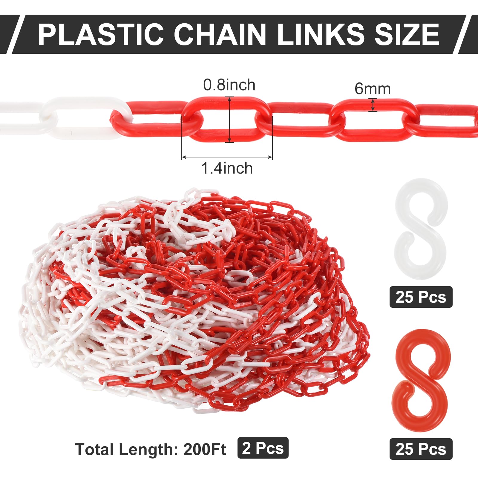 PATIKIL Maillons chaîne plastique, Chaînes 400 pieds, 6/25" (6 mm) Chaînes plastique pour barrières, contrôle foule, files d'attente, portails, concerts et décoration, Rouge/Blanc