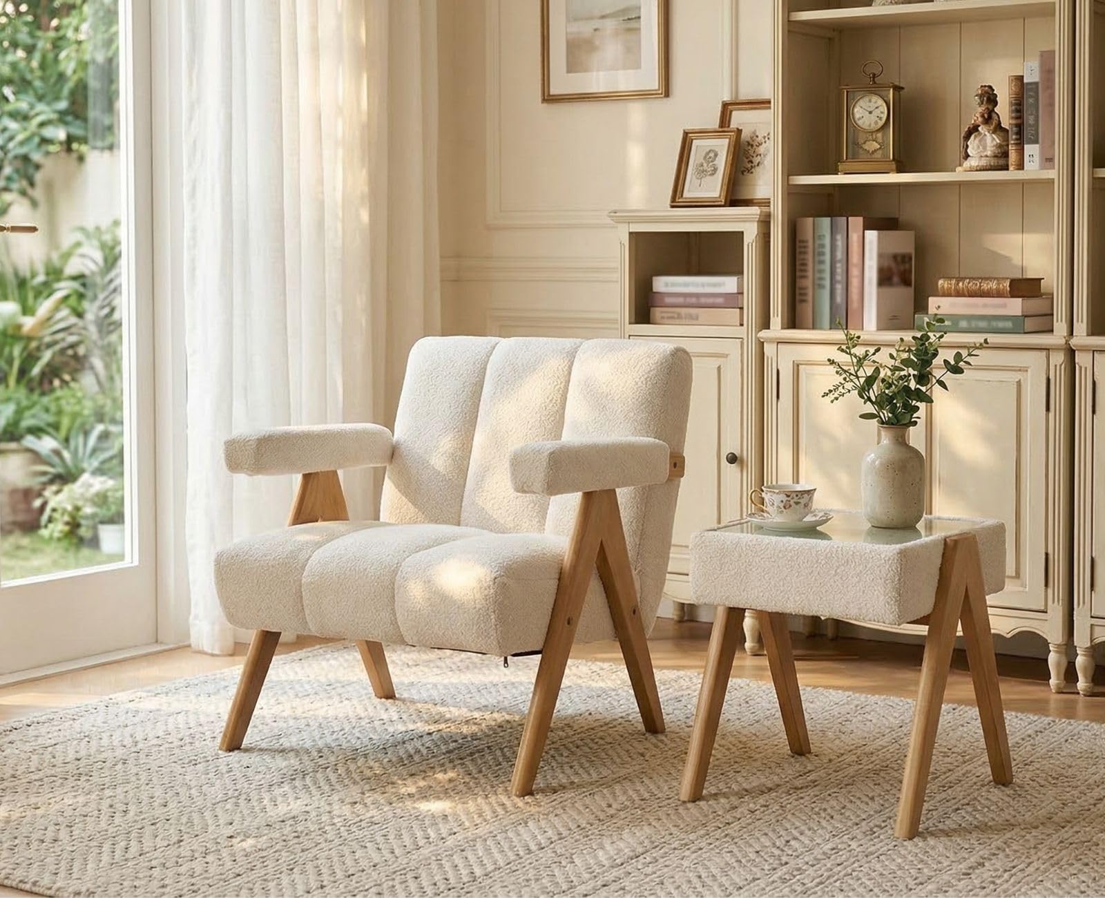 chairus Sillón de Chenilla para Salón Sillón Acolchado con Patas de Madera, Silla Relax con Brazos Butaca de Lectura para Sala de Estar/Dormitorio, Avena