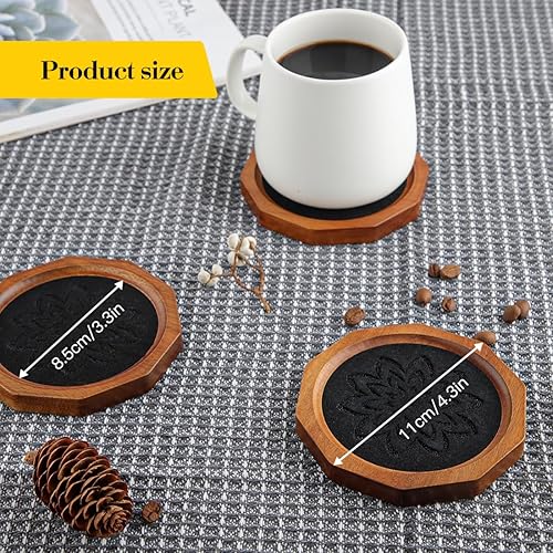 Miniatura 6 de Posavasos de madera para bebidas absorbentes con labio, 4.3 pulgadas, madera de acacia rústica, posavasos de fieltro negro con soporte para mesa de