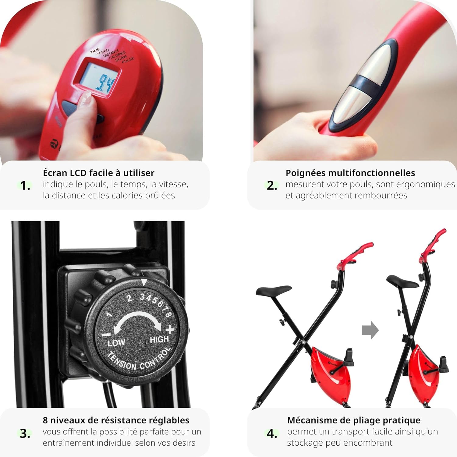 Four key features of the TecTake exercise bike: LCD screen, multifunctional handles, adjustable resistance, and practical folding mechanism