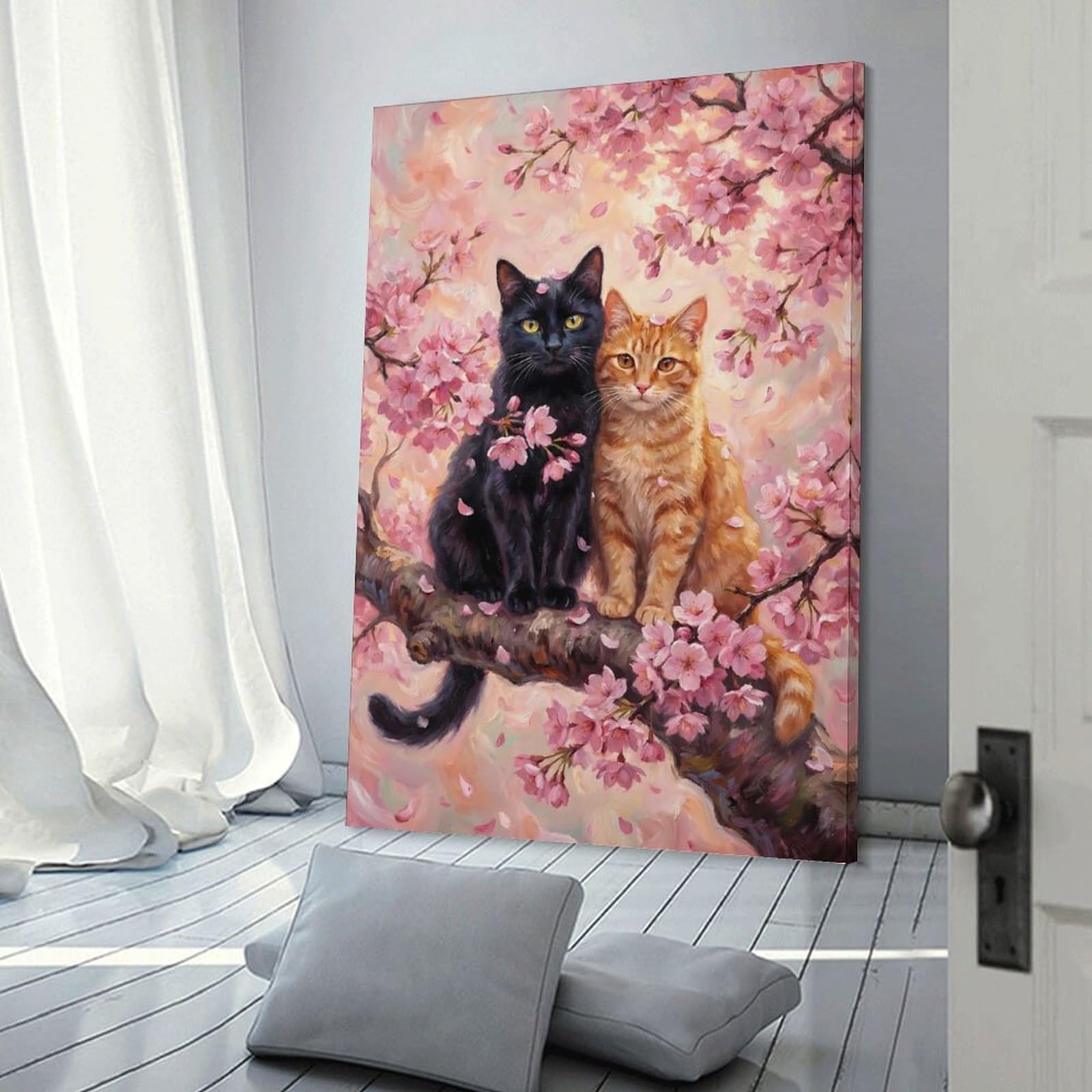 Junmoney Frame-Style-23 Love Cats In Cherry Blossoms Painting Home Decor Wall Art 20X30inch(50X75cm), For Bedroom, Guest Room Or Reading Nook, Decorative Wall Art For Cosy Rooms