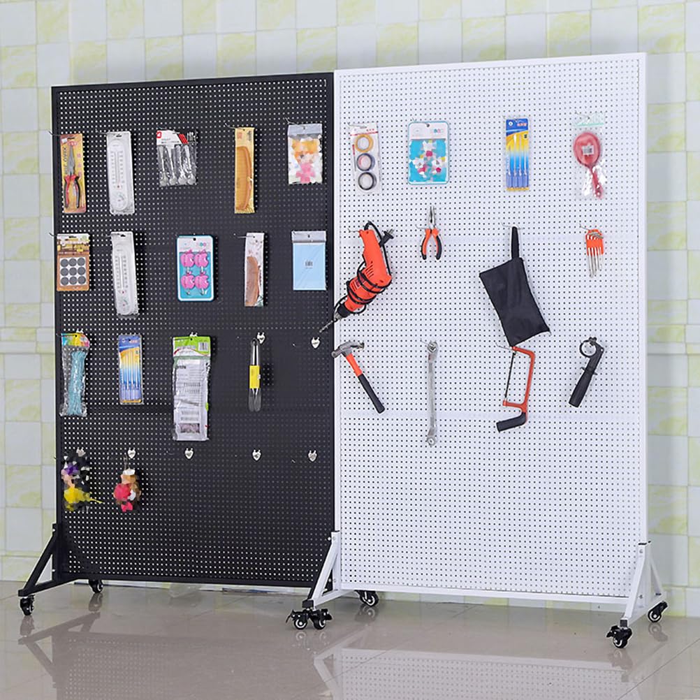 Yiustldd - Soporte de exhibición de metal para tablero perforado, paneles de clavijas de pie con ruedas, estante de exhibición portátil para almacenamiento y organización, negro, 50 x 120 cm