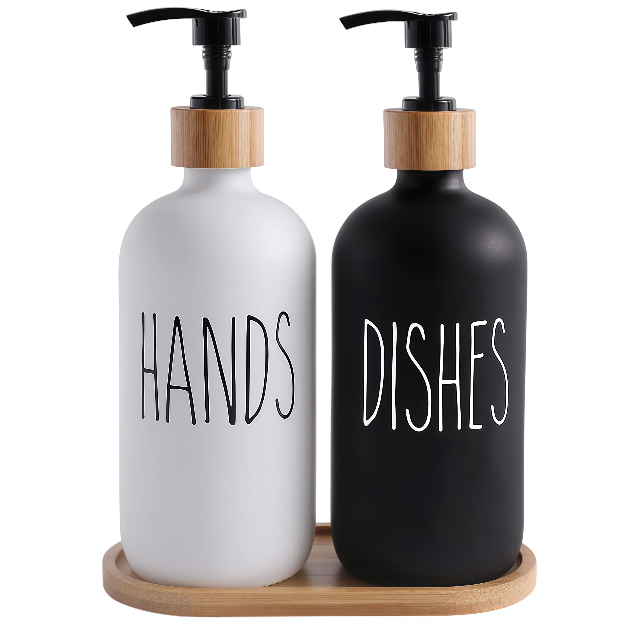 Juego de Dispensador de Jabón de Cristal, BIKALAN 450 ml Dispensador de Jabón Blanco y Negro Mate para Baño con Bandeja, Dispensador de Jabón de Manos para Cocina y Encimera 2 Paquetes