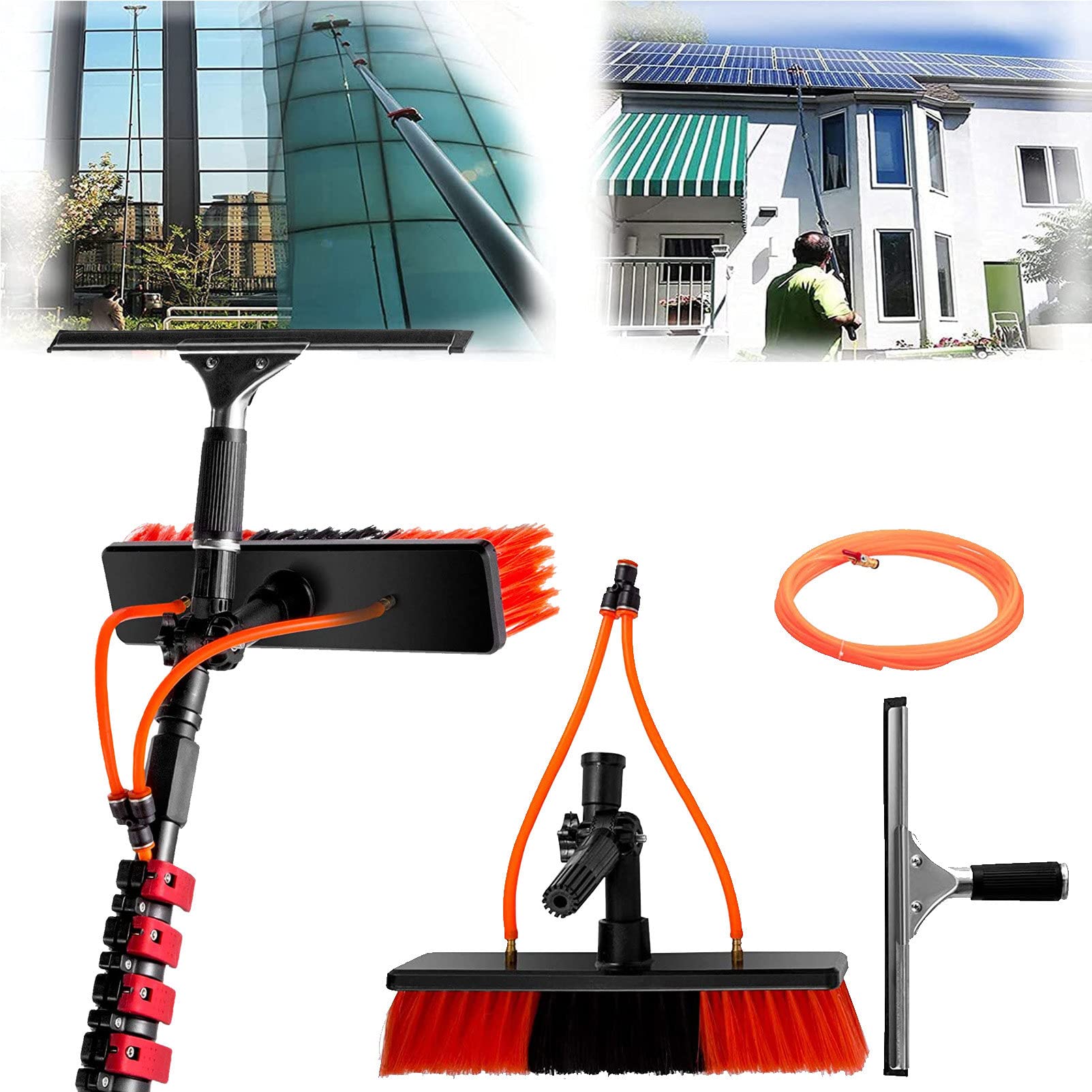 Aioneer Telescopic Cleaning Brush, Water Brush With Wiper, Window Cleaning Rod 3.6-10.8M, Window Glass Cleaning Tool, Solar Panel, 30Ft/9M,6M/20Ft-9M/30FT