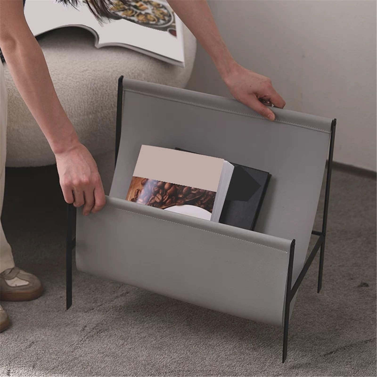Bücherregal Vintage-Minimalismus-Lederboden, kleines Bücherregal, multifunktionaler Zeitungsständer(Grigio)