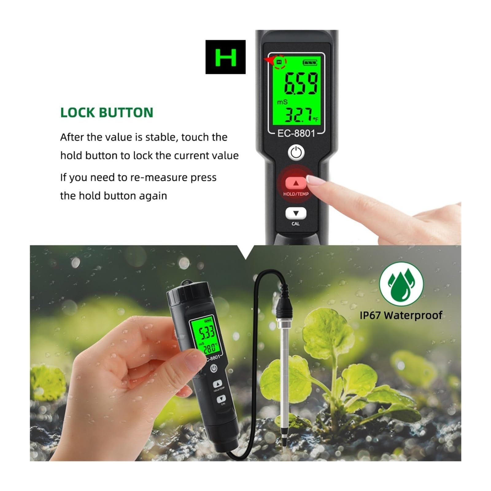 Feuchtigkeitsmesser, Digitaler EC/Temp Bodentester 0,00 ~ 10, ms/cm Leitfähigkeitsmessgerät Sensor Erdanalysator mit ATC Pflanzgarten Outdoor für Garten, Bauernhof(EC-8801B)