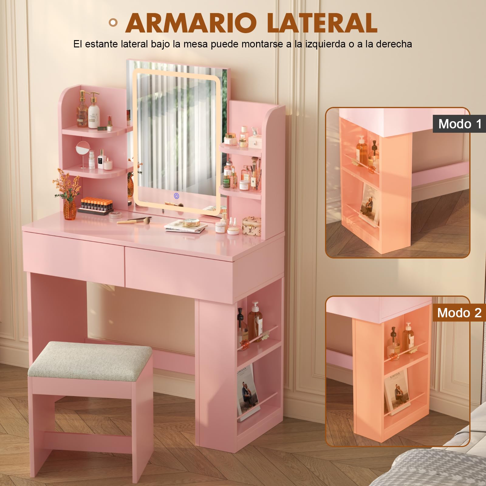 Devoko Tocador de Maquillaje con Taburete y Luces LED, Brillo Ajustable, Mesa de Maquillaje con Espejo, con 2 Cajones Grandes y 4 Estantes Abiertos y Taquilla Lateral, Vanity Moderno, Rosa