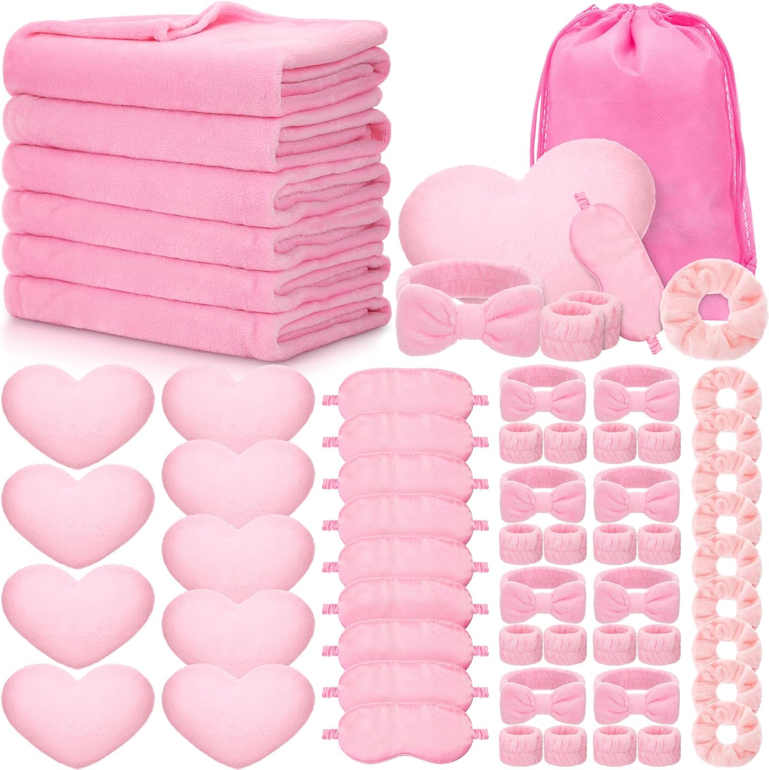 63 Pcs Spa Sleepover Party Supply Set 9 Fleece Blankets 9 Fluffy Heart Throw Pillows 9 Satin Eye Masks 9 Spa Headband 9 Wristband 9 Plush Scrunchies 9 Gift Bags for Slumber Party (Purple)