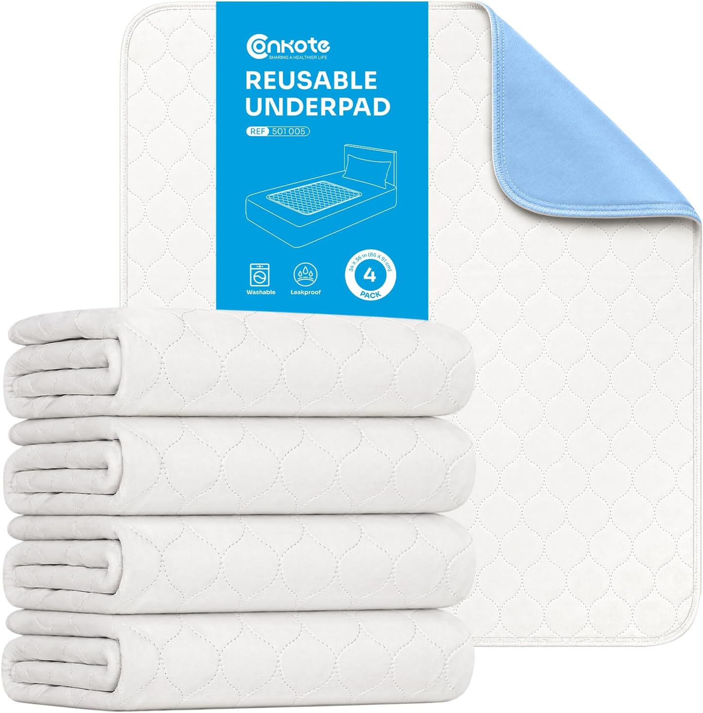 Heavy Absorbency Bed Pad, Washable and Reusable Incontinence Bed Underpads, 34"X36" (4 Pack), Waterproof Mattress Protector