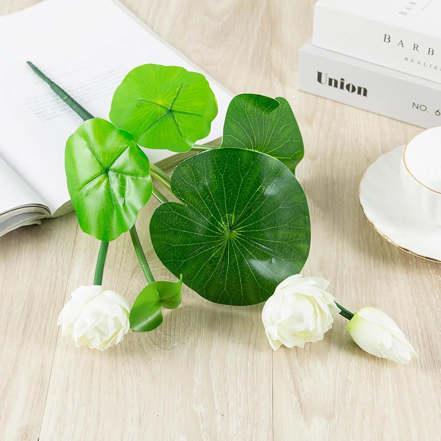 4pcs Artificial Lotus Flowers with Leaves 17" White Fake Water Lily Bouquets for Vase Bouquet Home Office Wedding Decor.(White,4pcs)