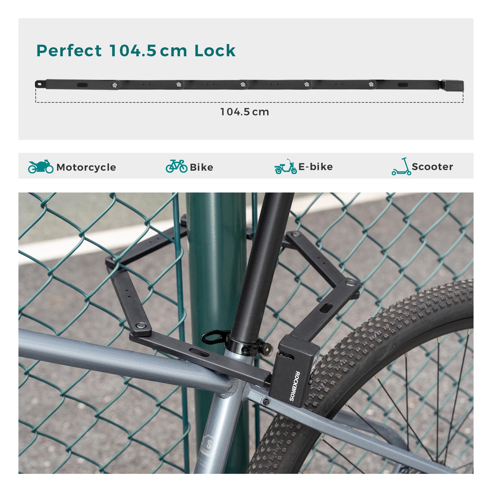 ROCKBROS Lucchetto Pieghevole per Bici, Lucchetto Bici Antifurto e Portatile Lungo 104 cm con Supporto e 3 Chiavi, Altamente Sicuro e Durevole per Bicicletta, Moto, E-bike, Porta