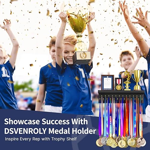 Miniatura 5 de Soporte para medallas, organizador de trofeos, resistente soporte de madera para trofeos con 25 ganchos de acero, colgador de medallas de montaje en