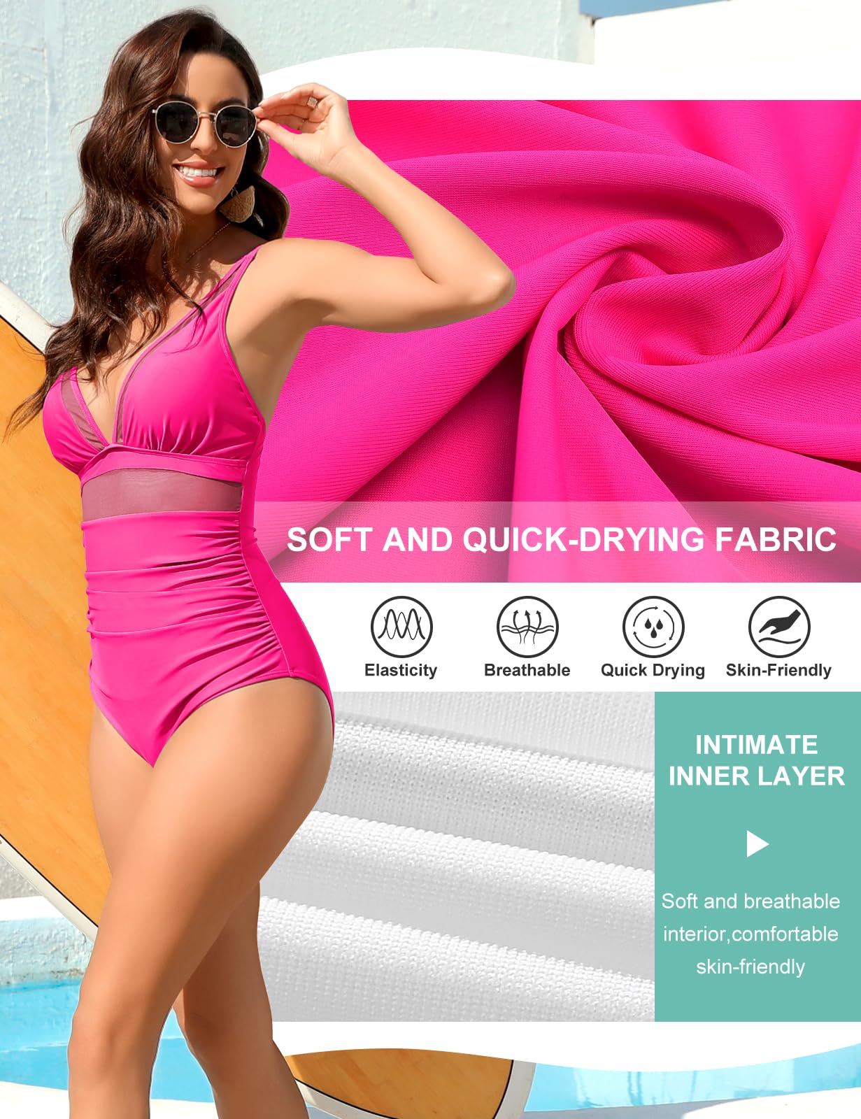CMTOP Costume da Bagno Intero da Donna, Costumi Intero Collo a V Profondo con Spalline Regolabili con Beachwear Swimwear