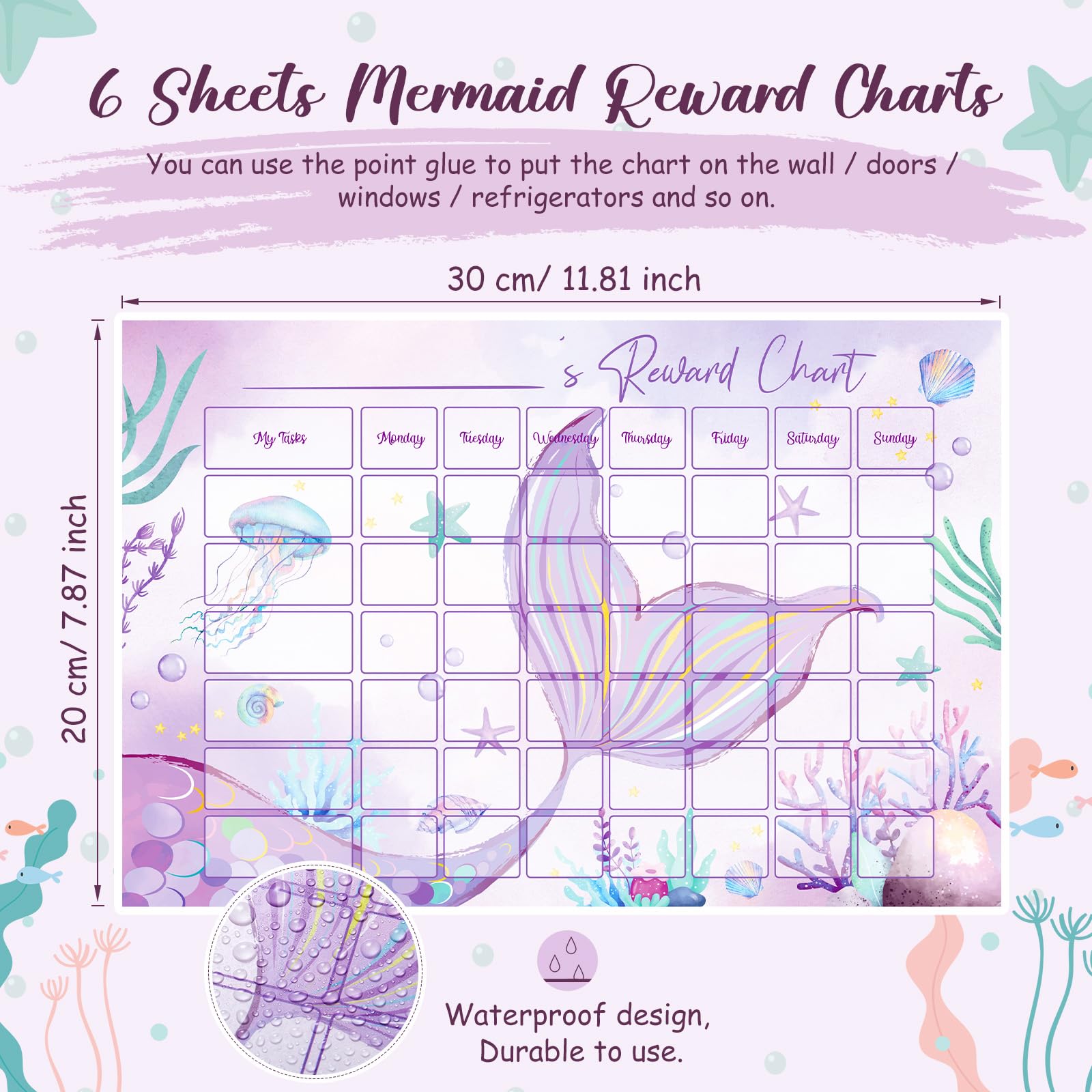 Tenare 12 Pieces Reward Chart with Stickers 6 Pieces Behaviour Charts, 6 Sheets/ 360 Pcs Reward Chart Reusable Stickers for Girl Boy Children Behavior Training Develop Habit(Purple,Mermaid) - Image 2
