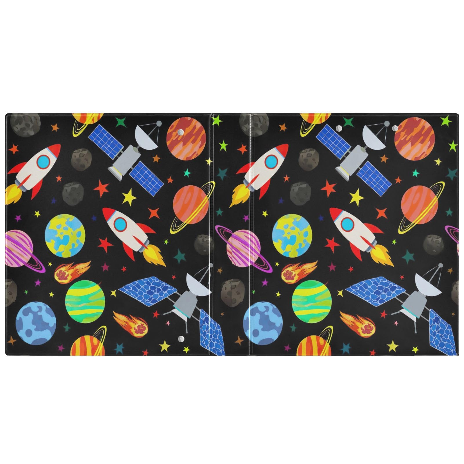 Cute Cartoon Rockets Black 3 Ring Binder, Flexible D Ring Binder with Pockets, 3 Ring Binders for School, College, Office (2 Pack)