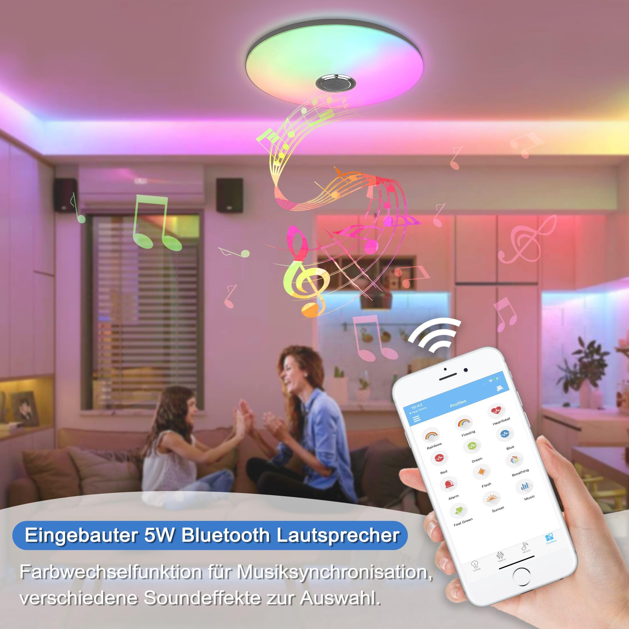 YRHome Lampada da soffitto a LED RGB ultra sottile, dimmerabile, con altoparlante Bluetooth, telecomando, lampada da soffitto, rotonda, con riproduzione musicale, per soggiorno, camera da letto, 60 W