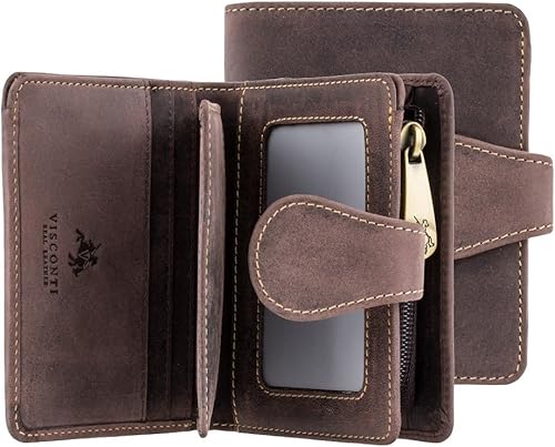 VISCONTI Hunter 715 Bow - Cartera plegable para hombre con cremallera en piel aceitada, Marrón, Billetera plegable de cuero aceitado
