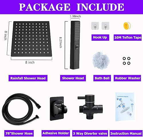 Miniatura 2 de Cabezal de ducha de lluvia cuadrado de alta presión de 8 pulgadas y ducha de mano 2 en 1. Equipado con manguera de 78 pulgadas, válvula desviadora