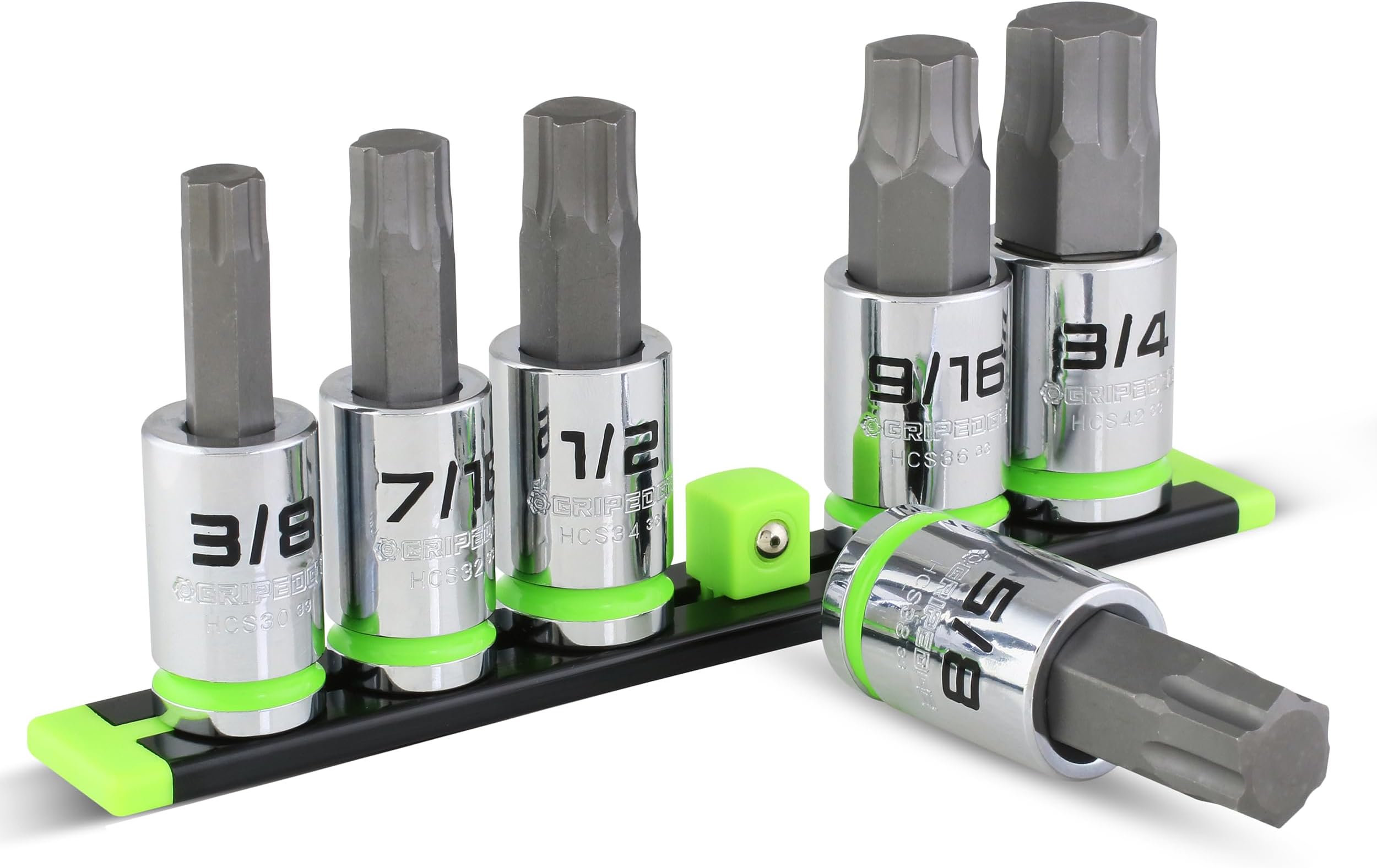 GRIPEDGE HEX Bit Socket Set | 6-PC - 1/2'' Drive SAE RPT Hex Driver Set | Sizes 3/8, 7/16, 1/2, 9/16, 5/8, 3/4" | Made With S2 Steel | Includes Premium Aluminum Storage Rail |