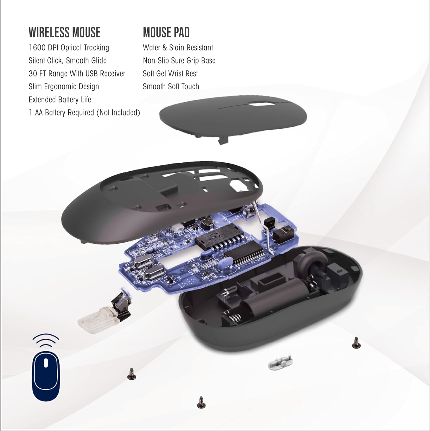 eksploderede view of the SOAR wireless mouse showing internal components and battery compartment.
