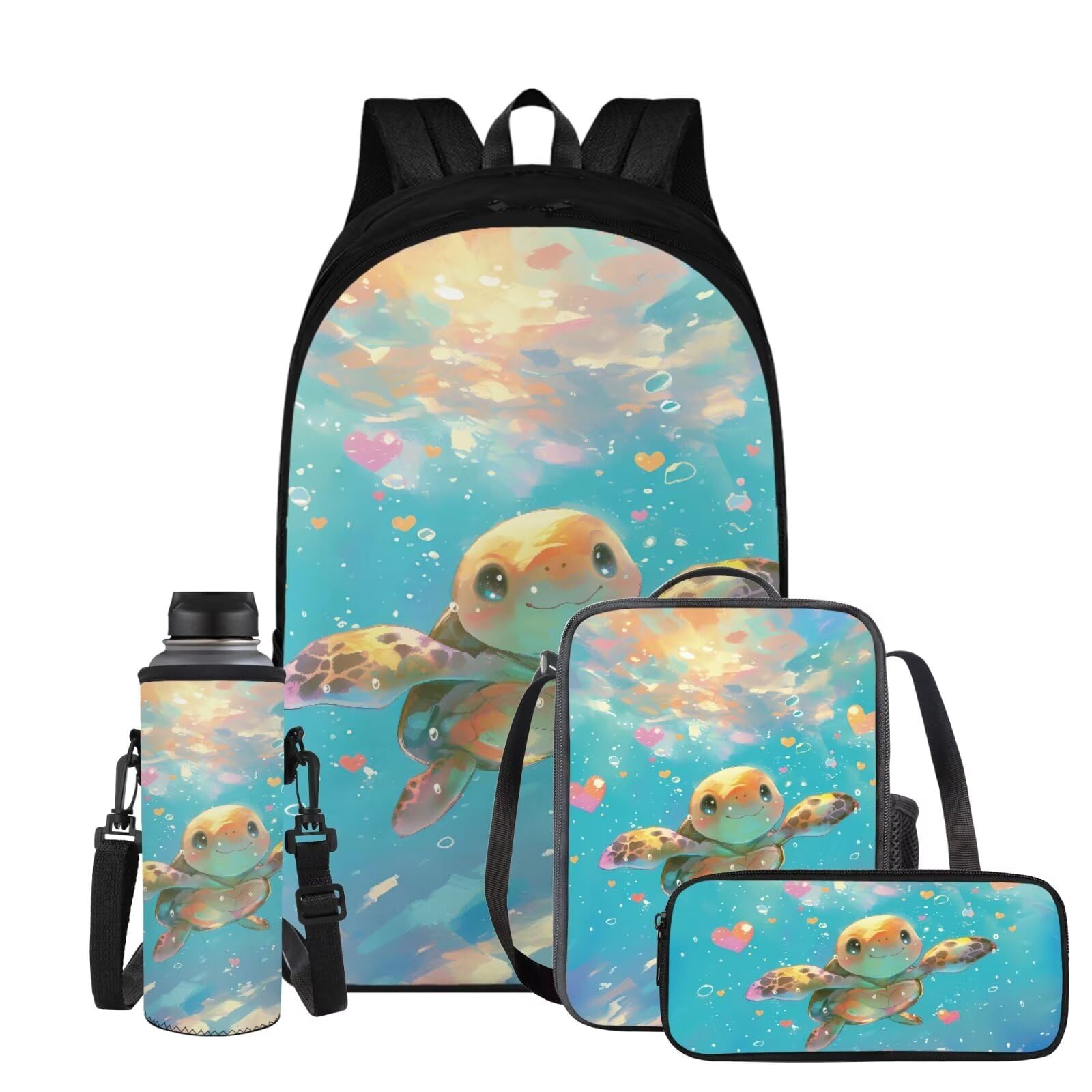 ELEDIZI Cute Sea Turtle Backpack for Kids Girls Backpack with Lunch Box Water Bottle Sling Bag and Fabric Pencil Pouch 4 in 1 17 inch Large Bookbag