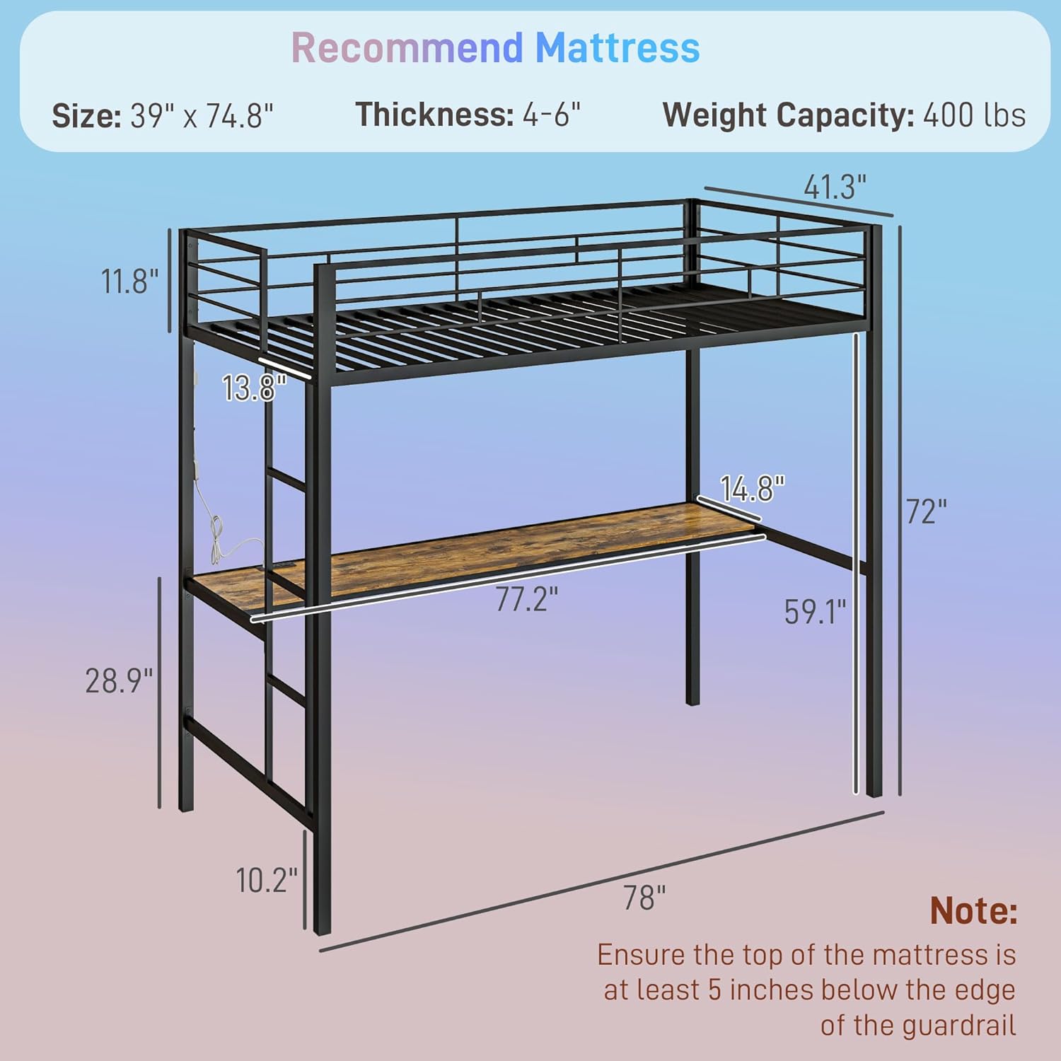 Diagram showing dimensions of the HOMCOM Loft Bed