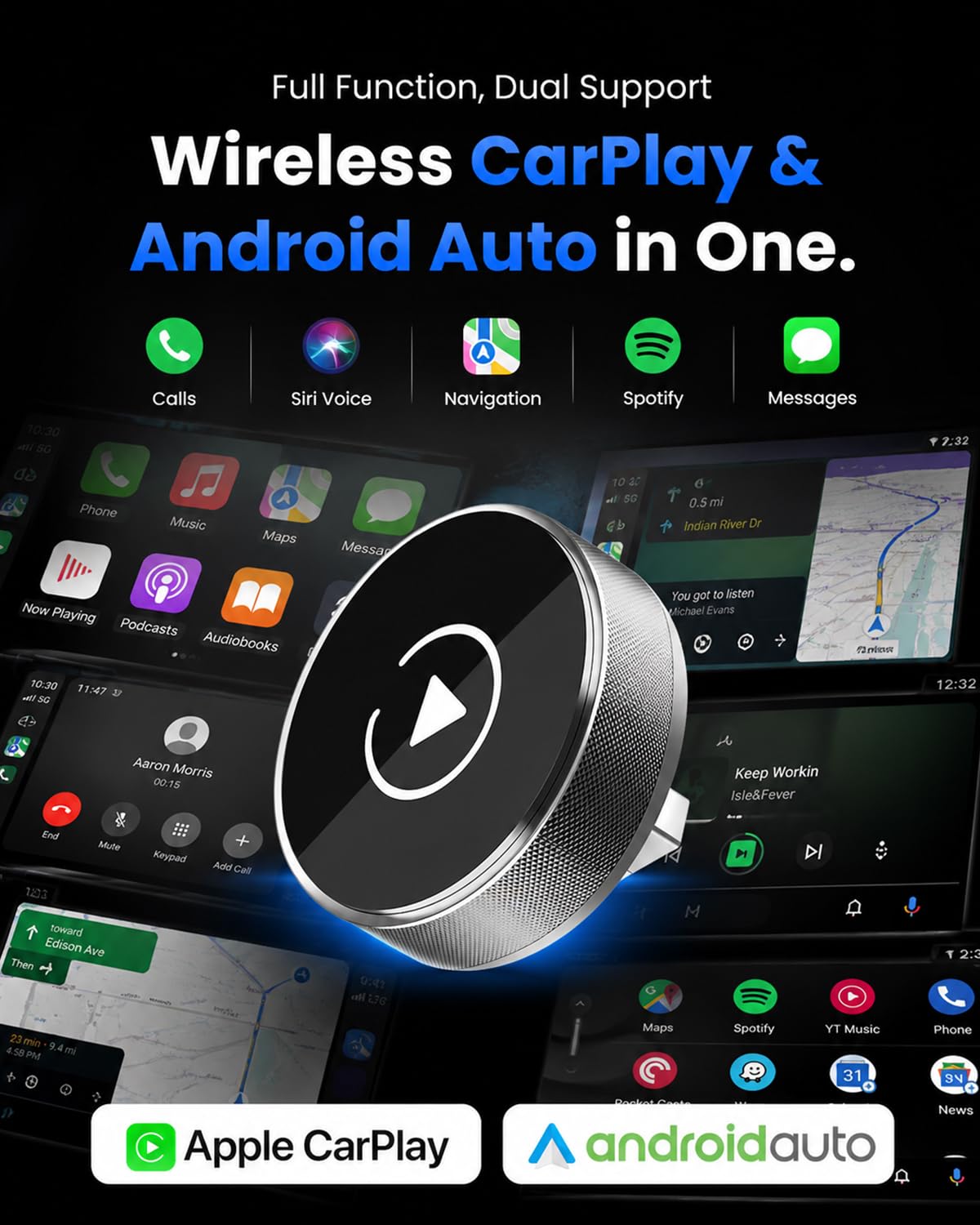 2026 Adattatore Wireless CarPlay & Android Auto, Adattatore 2 in 1 per iPhone e Android, Trasforma CarPlay Cablato in Wireless, WiFi 2,4/5GHz con Connessione Automatica, Plug & Play Senza Latenza