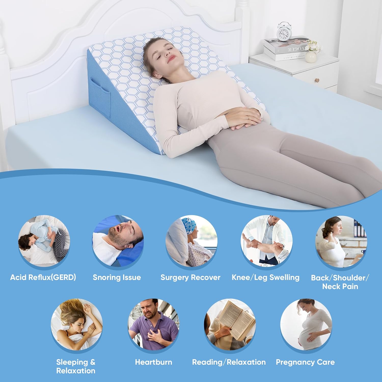 Forias Bed Wedge Pillow for Sleeping,12" Wedge Pillow for Acid Reflux Relief,Back Pain Relief,Snoring,Post Surgery Elevated Pillow, Memory Foam Top Triangle Pillow Wedge with Breathable Cooling Cover