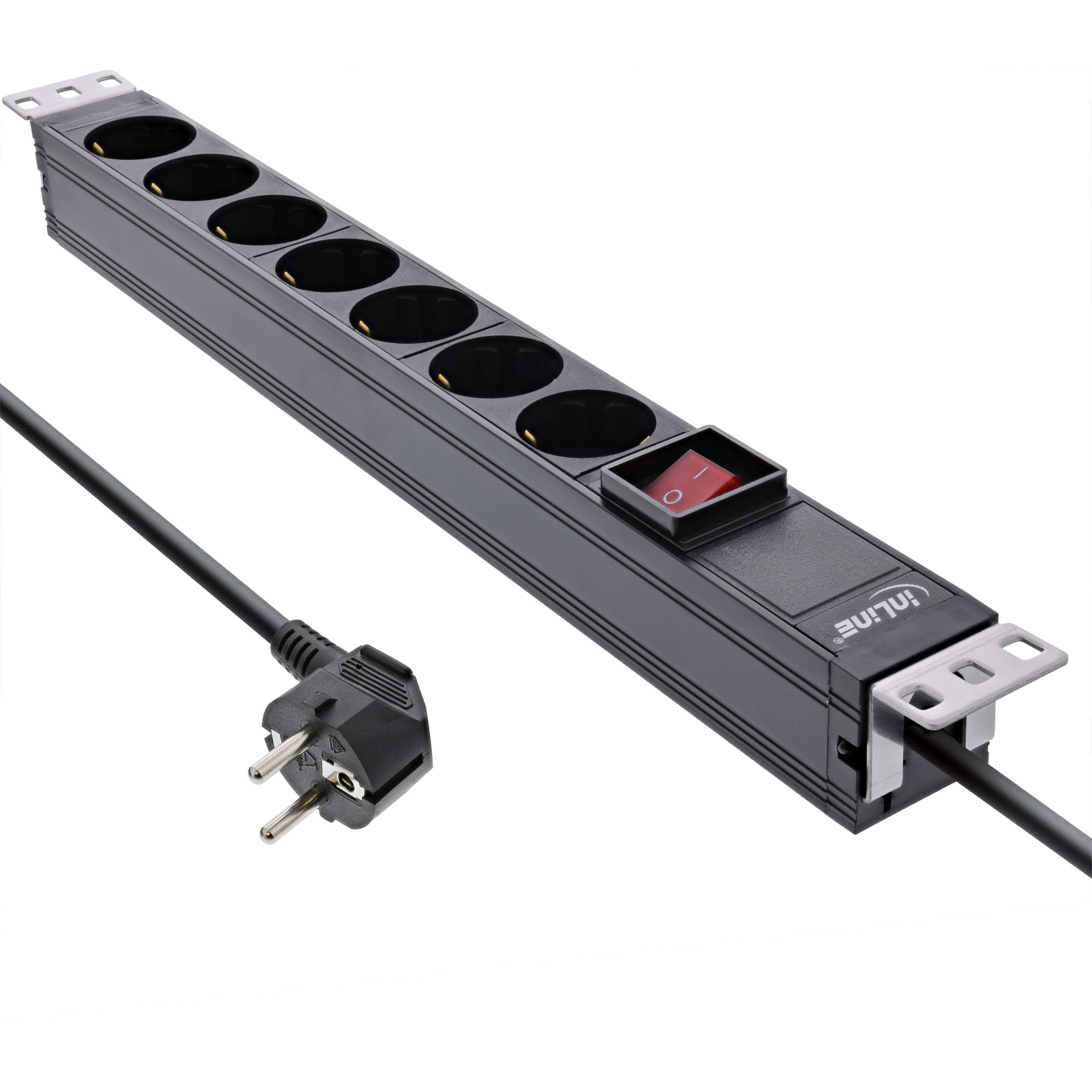 Inline Multiprise 16411S - 19" - 7 Prises de Contact de Protection avec Interrupteur - 2 m - Noir - Angle de Montage Variable
