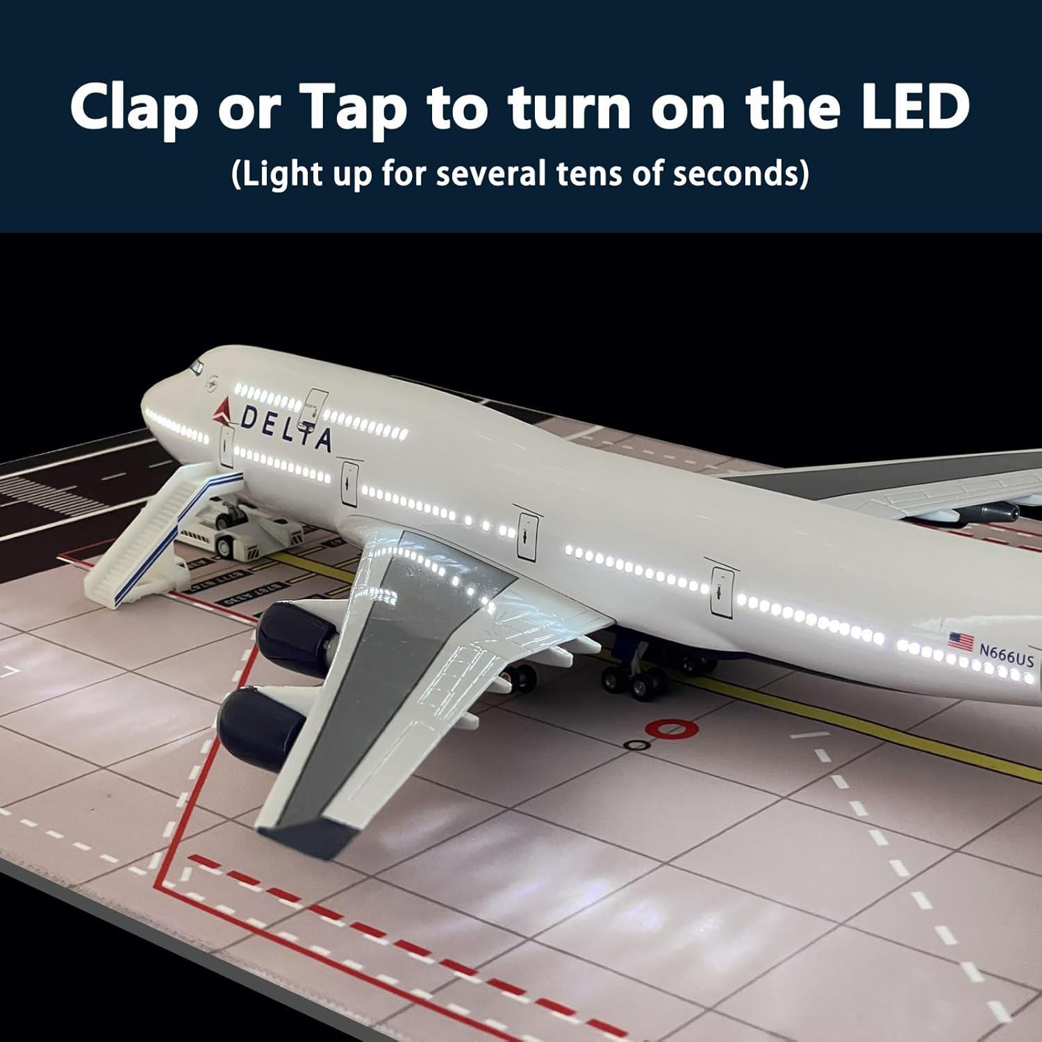 B747 Model Airplane 18.1 Inches Long 1/150 Scale B747 Model with LED Lights and Airport Scene Accessories Ideal Display and Gift