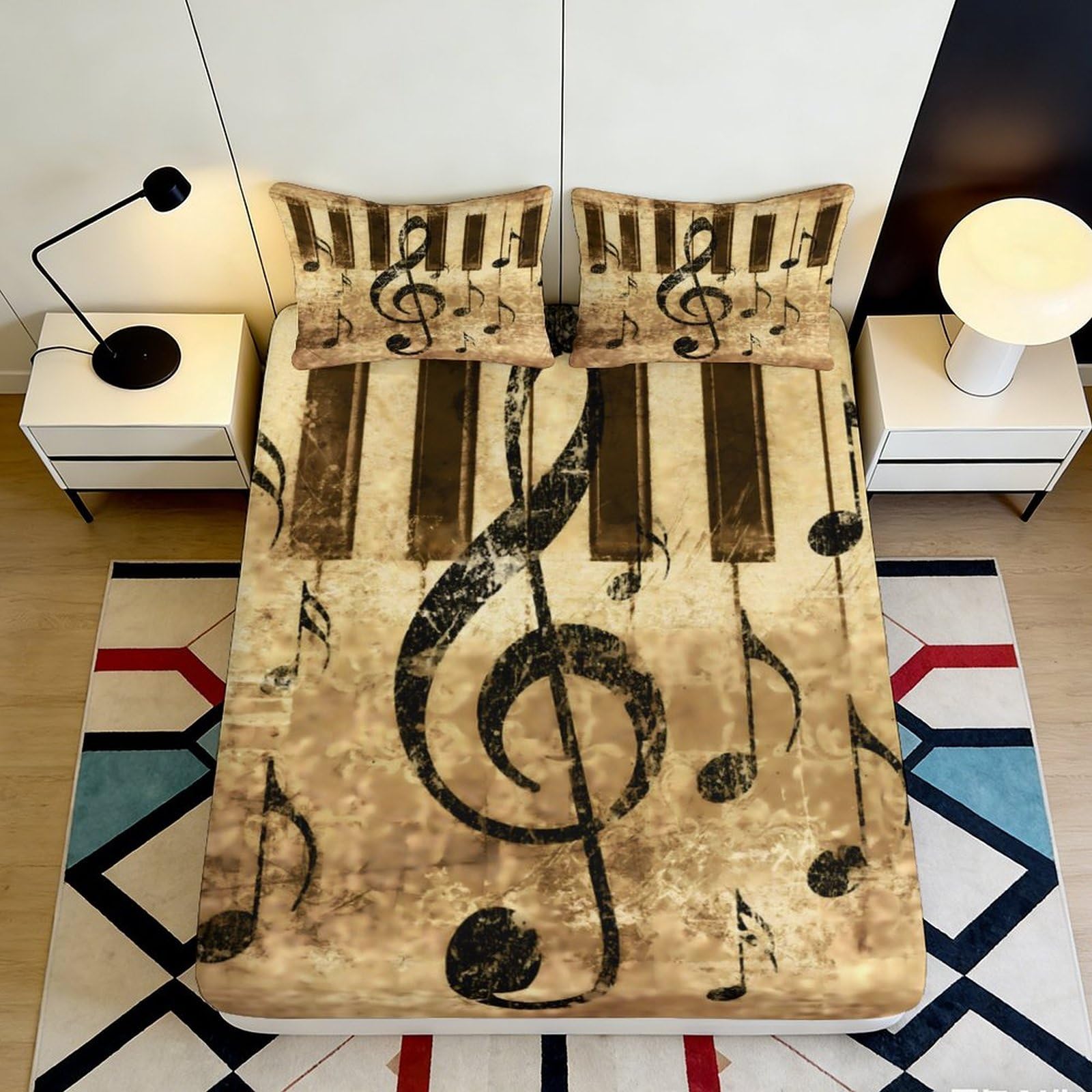 3D Printed Vintage Music Note Fitted Sheet Microfiber Soft Durable Piano Pattern Bed Cover for Bedroom Dormitory Guest Room Mattress Protection 140x200x25cm