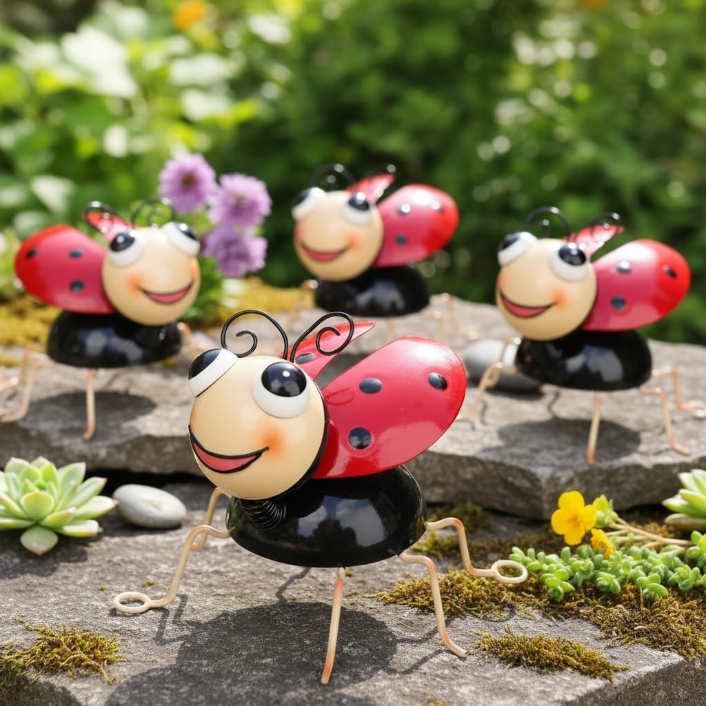 Cruis Cuka Metal Yard Art Garden Decor for Outside Cute Red Ladybugs Lawn Patio Ornaments Backyard Decorations Garden Gifts for Mom - Set of 4