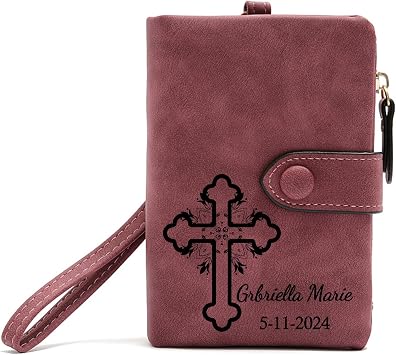 Custom Womens Wallet Personalized with Name and Text, Christian Gifts for Christmas Birthday - Customized Small Bifold Leather Wallets Coin Purse Ladies Wristlet Credit Card Holder