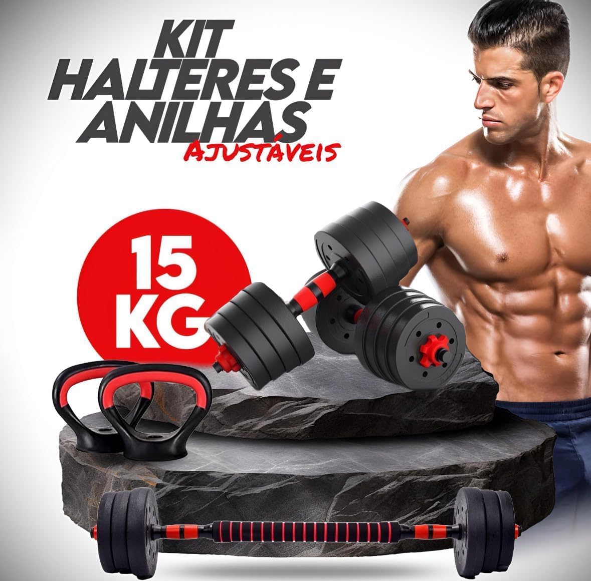 Kit Haltere 6 em 1 Ajustável 15kg para Musculação – Multifuncional com Barra, Kettlebell e Halteres