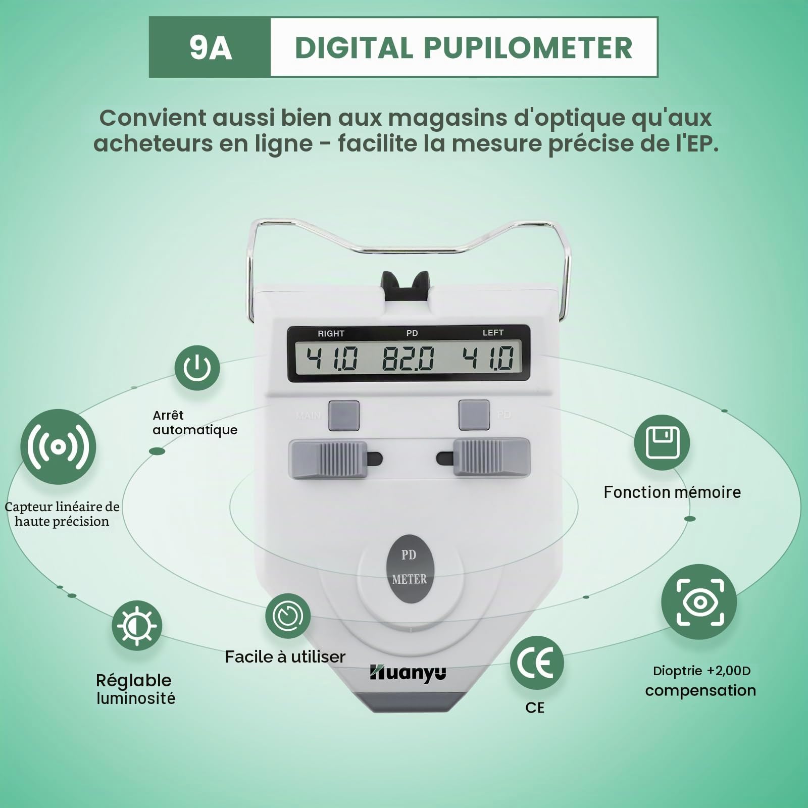 Huanyu Pupillomètre Numérique Optique PD Meter 45-82mm Mesureur de Distance Pupillaire Mesure des Pupilles avec Affichage LCD Précision 0.1-0.5mm Optométrie pour École Hôpital Outil Optique(LY-9A)