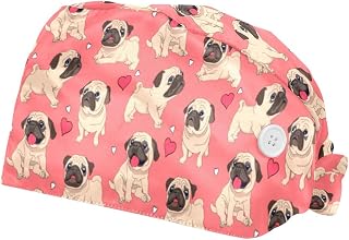Adjustable Working Cap with Button, Cotton Working Hat Sweatband, Elastic Bandage Tie Back Hats for Women & Men, Cartoon Pugs Puppies Love Heart Pink Pattern,2 Pcs